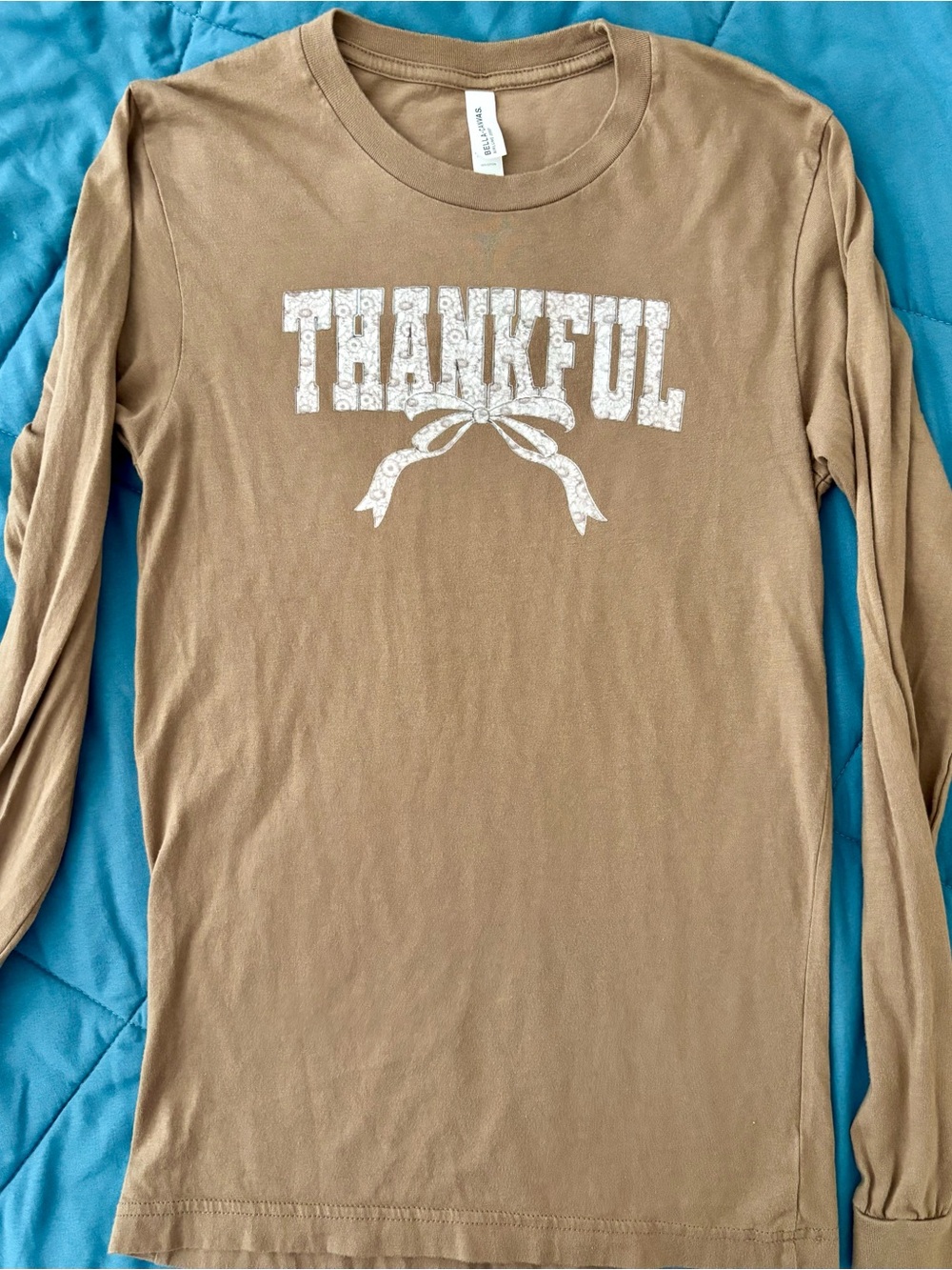 Bella + Canvas Thankful Bow Graphic Long Sleeve Tee XS Neutral Brown
